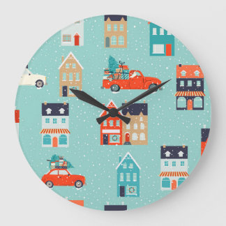 Grande Horloge Ronde Noël Hiver Maisons Rouge
