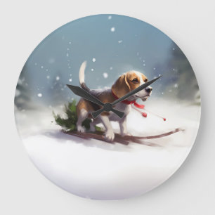 Grande Horloge Ronde Noël neige hiver Beagle