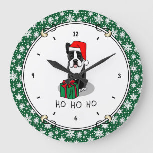Grande Horloge Ronde Noël Père Noël Boston Terrier (noir) mignonne
