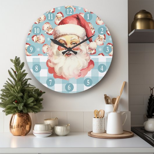 Grande Horloge Ronde Noël Rétro Père Noël Bleu Et Blanc Plaid