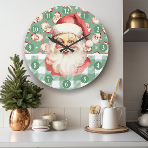 Grande Horloge Ronde Noël Vert et Blanc Plaid Retro Santa Claus