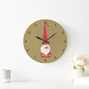 Grande Horloge Ronde Noël vintage, Gnome Père Noël mignon sur fond doré