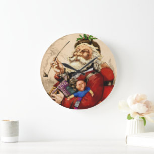 Grande Horloge Ronde Noël vintage, jouets en pipe de Père Noël victorie