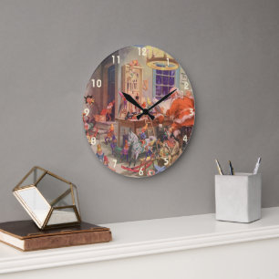 Grande Horloge Ronde Noël vintage, le Père Noël avec l'atelier des luti