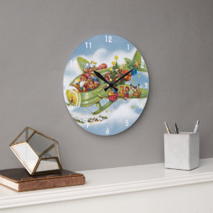 Grande Horloge Ronde Noël vintage, le Père Noël pilotant un avion