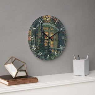 Grande Horloge Ronde Noël vintage, maison avec couronnes dans les fenêt