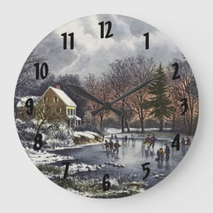 Grande Horloge Ronde Noël vintage, Patineurs de début d'hiver sur un ét