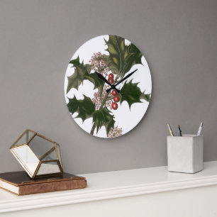 Grande Horloge Ronde Noël vintage, plante de houx vert avec des baies