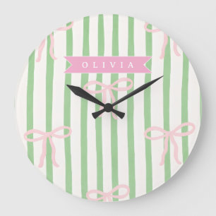 Grande Horloge Ronde Nœud à rayure verte Coquette Féminin Personnalisé