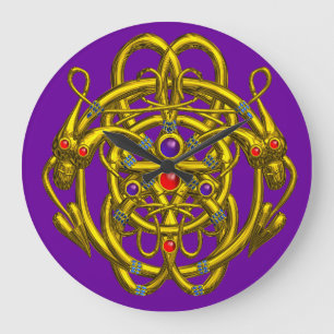 GRANDE HORLOGE RONDE NŒUDS CELTIQUES D'OR AVEC DRAGONS JUMEAUX