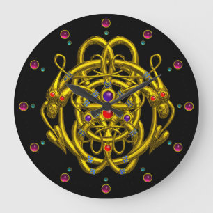 GRANDE HORLOGE RONDE NŒUDS CELTIQUES EN OR AVEC DES DRAGONS JUMEAUX