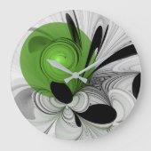 Grande Horloge Ronde Noir Abstrait et blanc avec art fractal vert (Recto)
