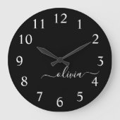 Grande Horloge Ronde Noir Blanc moderne Script Girl Monogramme Nom (Recto)
