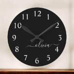 Grande Horloge Ronde Noir Blanc moderne Script Girl Monogramme Nom<br><div class="desc">Black and White Simple Script Monogram Clock. This makes the perfect sweet 16 birthday,  wedding,  bridal shower,  anniversary,  baby shower or bachelorette party gift for someone that loves glam luxury and chic styles.</div>