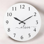 Grande Horloge Ronde Noir Blanc moderne Script Girl Monogramme Nom<br><div class="desc">Black and White Simple Script Monogram Clock. This makes the perfect sweet 16 birthday,  wedding,  bridal shower,  anniversary,  baby shower or bachelorette party gift for someone that loves glam luxury and chic styles.</div>