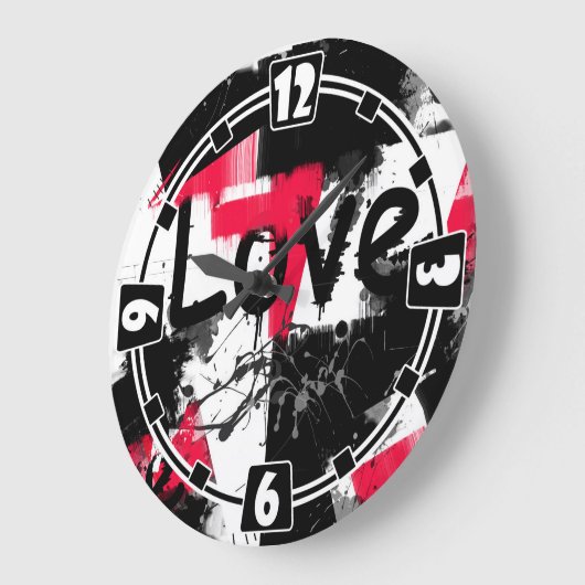 Grande Horloge Ronde Noir et blanc avec taches rouges amour motif (Angle)
