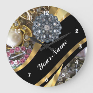 Grande Horloge Ronde Noir et or bling