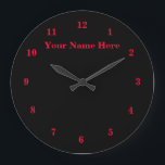 Grande Horloge Ronde Noir Rouge - Personnalisable - Ajouter Votre Texte<br><div class="desc">Belles couleurs personnalisables Horloge - Choisissez / ajoutez vos couleurs arrière - plans et numériques préférées !  
Choisissez Vos Polices Uniques !
Ajoutez votre logo / texte / nom / date / image / image ...  ou autre :)</div>
