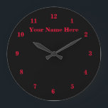 Grande Horloge Ronde Noir Rouge - Personnalisable - Ajouter Votre Texte<br><div class="desc">Belles couleurs personnalisables Horloge - Choisissez / ajoutez vos couleurs arrière - plans et numériques préférées !  
Choisissez Vos Polices Uniques !
Ajoutez votre logo / texte / nom / date / image / image ...  ou autre :)</div>