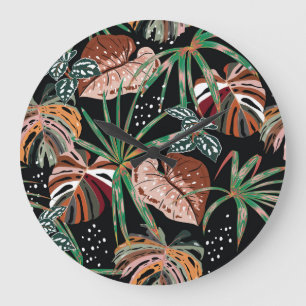 Grande Horloge Ronde Noir tropical : Motif de forêt exotique foncé