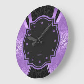 Grande Horloge Ronde Noir & Violet Damas Conception géométrique (Angle)