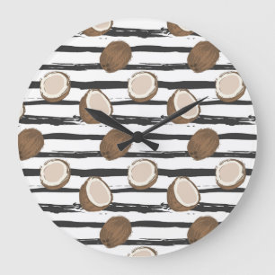 Grande Horloge Ronde Noix de coco sur le motif grunge de rayures