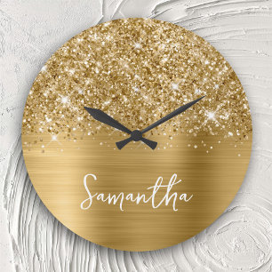 Grande Horloge Ronde Nom blanc glam or pailleté écriture