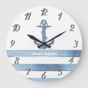 Grande Horloge Ronde Nom de bateau nautique, Ancre, Corde, Rayures bleu