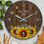Grande Horloge Ronde Nom de famille du tournesol et du bois rustiques<br><div class="desc">Design amusant et personnalisé. Fait le cadeau parfait pour un ménage,  mariage,  ou toute occasion!</div>