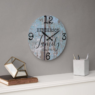 Grande Horloge Ronde Nom de famille en bois faux délabré de style rusti