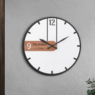Grande Horloge Ronde Nom de famille en bois Personnalisé Rustique Minim