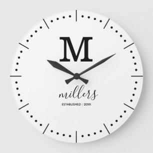 Grande Horloge Ronde Nom de famille minimaliste simple Monogramme noir 