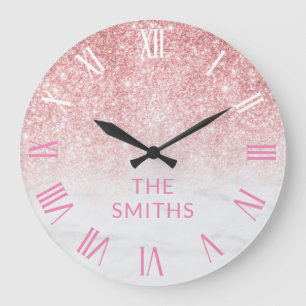Grande Horloge Ronde Nom de famille personnalisé Rose Parties scintilla