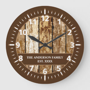 Grande Horloge Ronde Nom de famille rustique en faux bois brun foncé bl