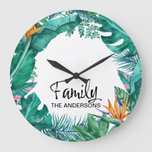 Grande Horloge Ronde Nom de famille tropical personnalisé