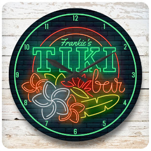 Grande Horloge Ronde NOM DE LA Personnaliser Style néon Tropical Tiki B