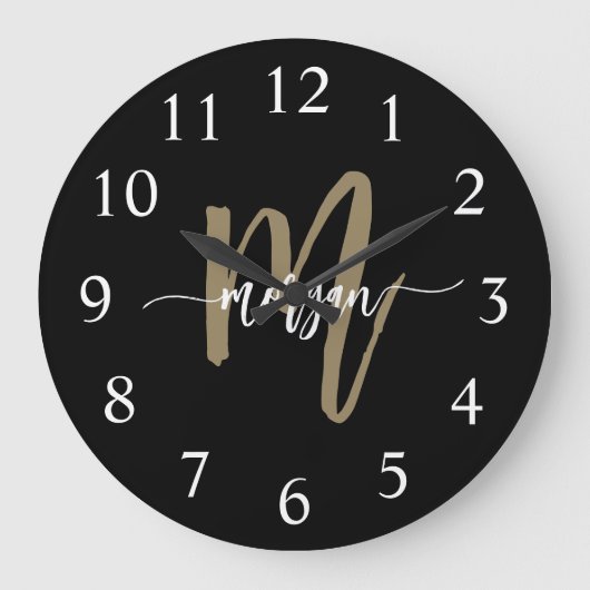 Grande Horloge Ronde Nom du monogramme Black Gold Modern Script (Recto)