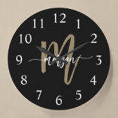 Grande Horloge Ronde Nom du monogramme Black Gold Modern Script
