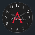 Grande Horloge Ronde Nom du monogramme de la fillette de script noir ro<br><div class="desc">Horloge de nom du monogramme simple en rouge et noir. Cela fait le cadeau sucré de 16 ans,  mariage,  douche nuptiale,  anniversaire,  baby shower ou bachelorette pour quelqu'un qui aime le luxe glamour et les styles chic.</div>