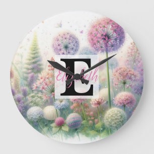 Grande Horloge Ronde Nom du monogramme sur l'aquarelle Fleurs dans les