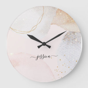 Grande Horloge Ronde Nom du script d'art abstrait rose-brousse moderne