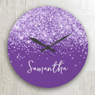 Grande Horloge Ronde Nom écriture royale violet pailleté lavande
