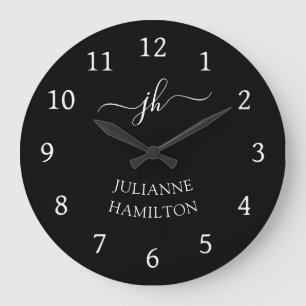 Grande Horloge Ronde Nom Monogramme Noir Moderne