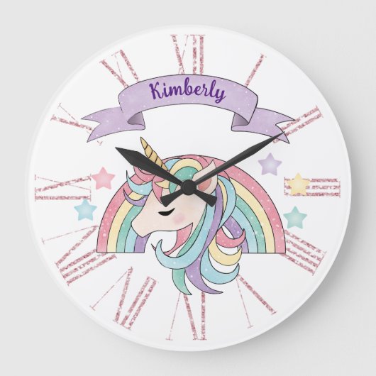 Grande Horloge Ronde Nom personnalisé Cute Pastel Unicorn & Sparkly Rai (Recto)
