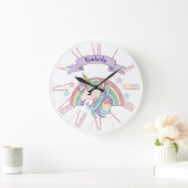 Grande Horloge Ronde Nom personnalisé Cute Pastel Unicorn & Sparkly Rai (Maison)