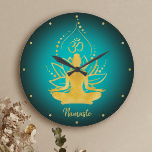 Grande Horloge Ronde Nom personnalisé Lotus & Om Yoga Namaste