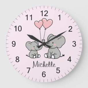 Grande Horloge Ronde Nom personnalisé Maman éléphant mignon et bébé ros