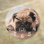Grande Horloge Ronde Nom photo personnalisé de l'animal de compagnie<br><div class="desc">Un design amusant que vous pouvez personnaliser avec votre nom d'animal de compagnie et photo. Conçu par Thisisnotme©</div>