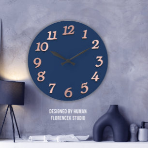 Grande Horloge Ronde Nombre minimal Rose Gold Blue Navy Métallic 3D