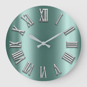 Grande Horloge Ronde Nombre romain argenté gris en métal gris turquoi
